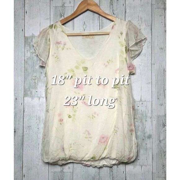 Giusy Italy 100% Silk V-Neck Flutter Sleeve Ethereal Floral Fairycore Top Sz. S - Picture 2 of 8